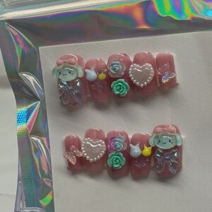 Cute Pink Press-On Nails with 3D Designs